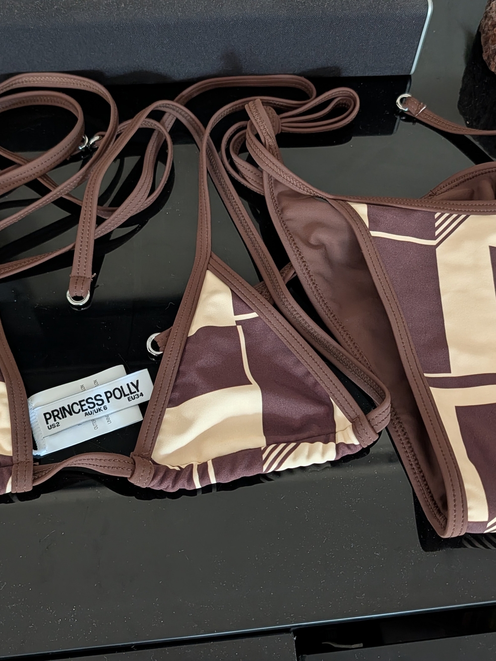 Princess Polly Micro Bikini. Blaylock Brown & Cream Geometric Triangle &Tie